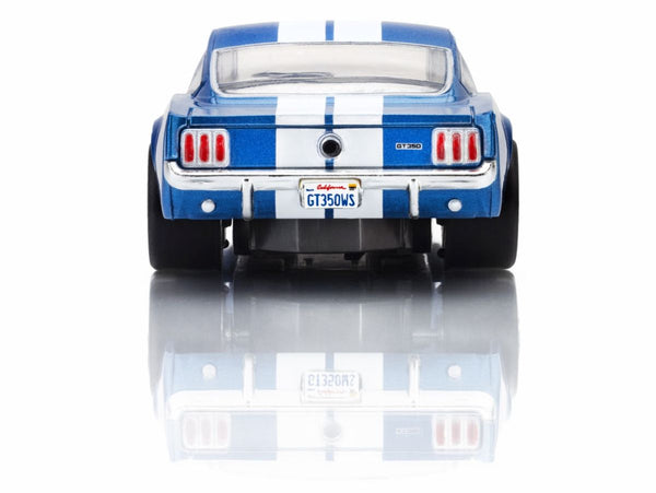 AFX Racing - Shelby GT350 1966 Blue / White Stripes diecast collectible car shown from the rear, highlighting detailed taillights and classic racing stripes.