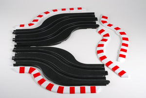 Echo Six Hobbies AFX Racing Black track pieces with red and white striped connectors on a white background