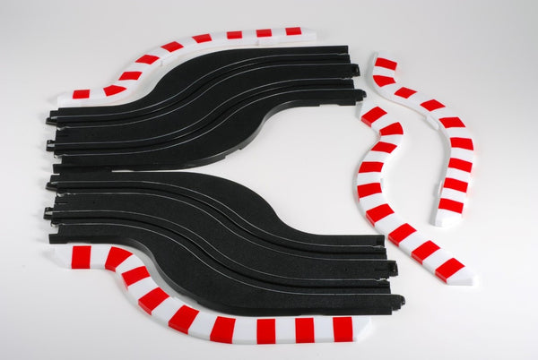 Echo Six Hobbies AFX Racing Black track pieces with red and white striped connectors on a white background
