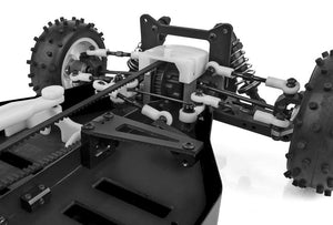 Close-up of a mechanical model with detailed components on a white background