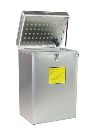 Metallic Bat-Safe storage box with a yellow warning label on a white background