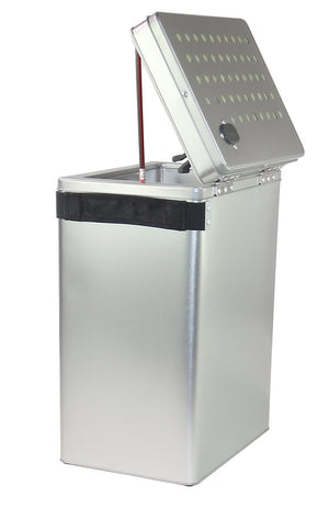 Stainless steel Bat-Safe container with lid open on a white background
