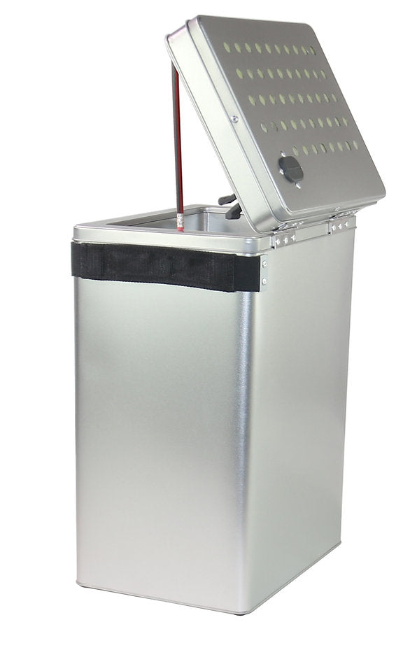 Stainless steel Bat-Safe container with lid open on a white background