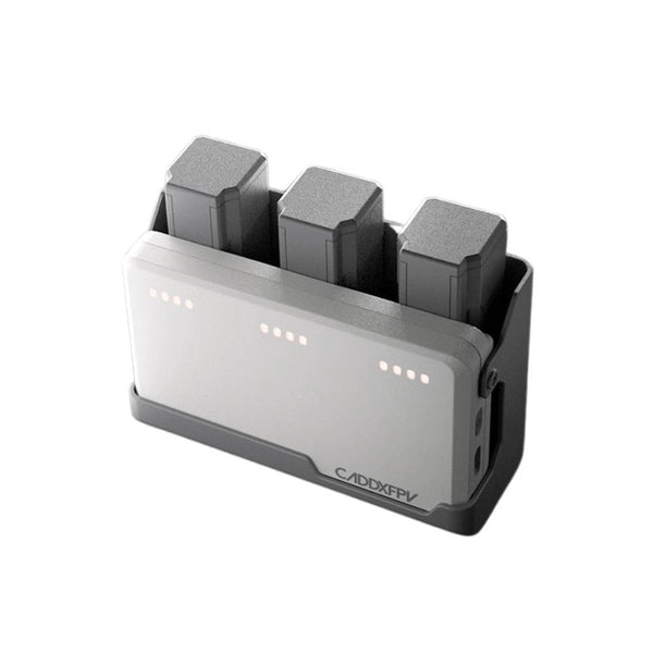 A portable power bank in gray and black, shown with three battery modules inserted into its top slots. The front features LED battery percentage indicators and the brand name 'CADDXEPV' printed near the bottom right.