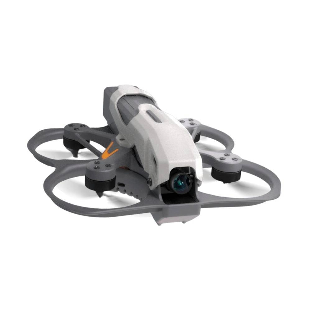 A drone control kit featuring a small quadcopter drone, a white and gray VR headset, a matching wireless controller, and a battery charger on a plain white background.