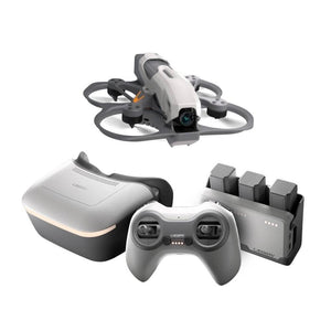 A drone control kit featuring a small quadcopter drone, a white and gray VR headset, a matching wireless controller, and a battery charger on a plain white background.