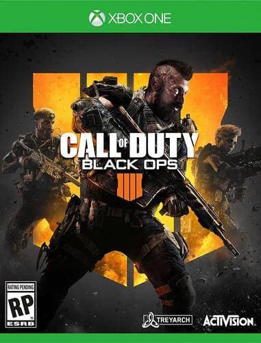 Call of Duty: Black Ops 4 game cover for Xbox One with soldiers and weapon on a dark background.