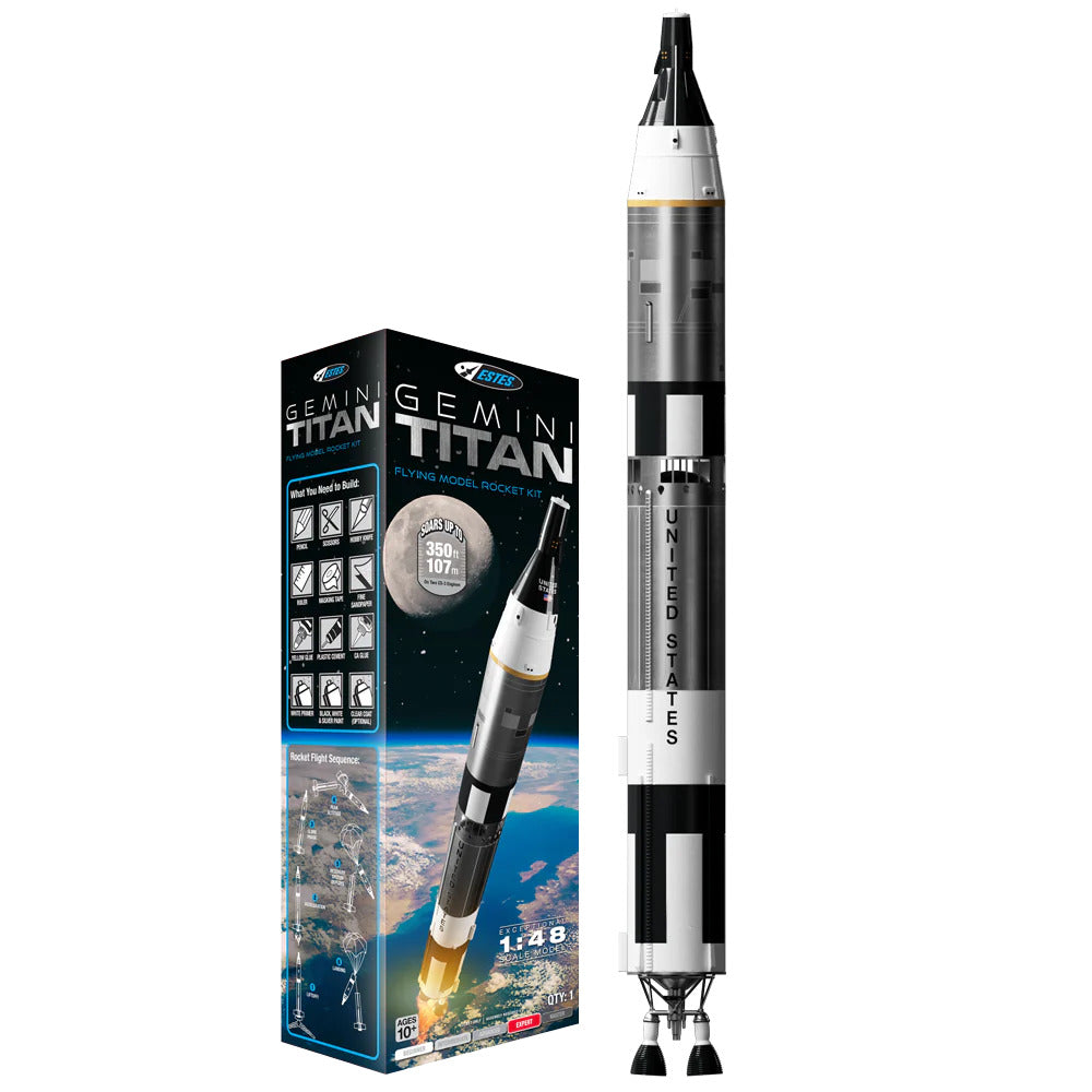 Model rocket kit displayed next to its box featuring a detailed replica of the Gemini Titan rocket, highlighting educational STEM learning and family-friendly hands-on activities.