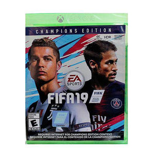 FIFA 19 Champions Edition packaging for Xbox One with two soccer players on the cover.