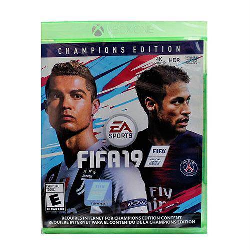 FIFA 19 Champions Edition packaging for Xbox One with two soccer players on the cover.