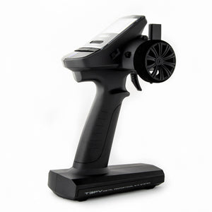 A black TSPY V4.0 professional RC airplane transmitter with a base, shown from a three-quarter angle on a white background.