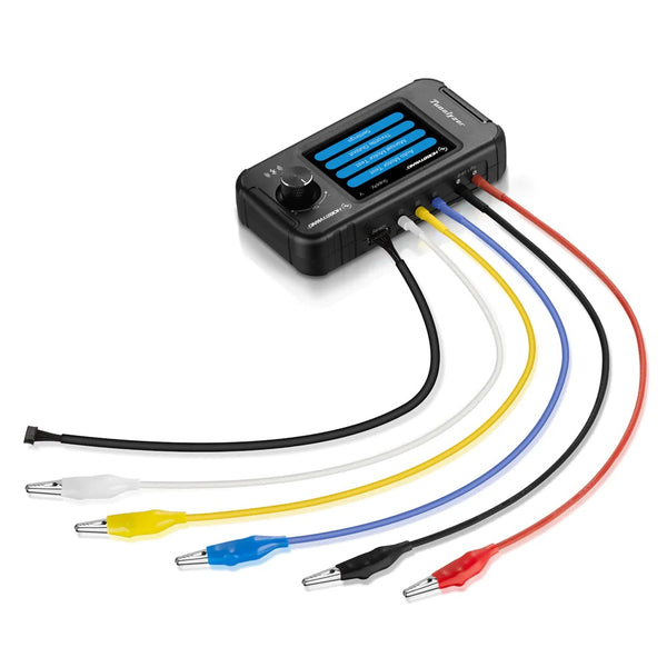 Black electronic device with multicolored leads on a white background