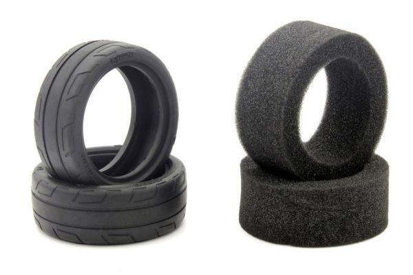 Echo Six Hobbies Two sets of black tires with foam inserts on a white background