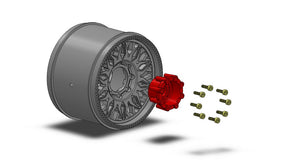 Echo Six Hobbies Gray wheel rim with red center cap and lug nuts on a white background