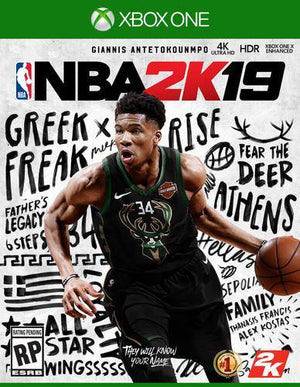NBA 2K19 video game cover featuring a basketball player with text and logos.
