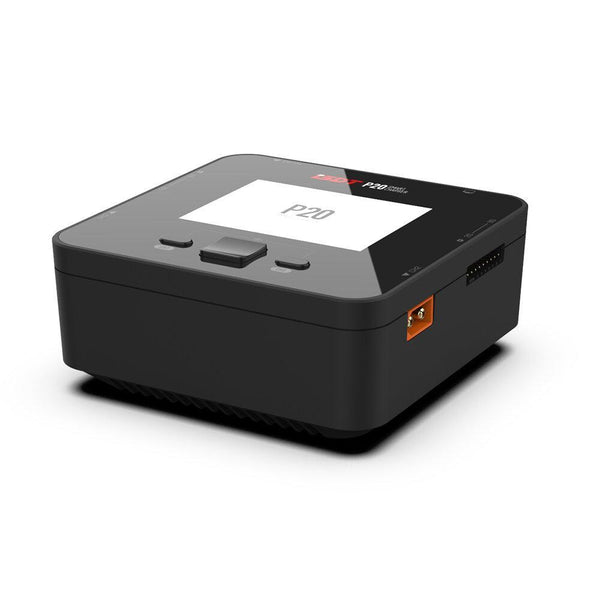 A black desktop laser marking machine, model P20, shown at a three-quarter angle on a white background. The device features a top-mounted display screen, control buttons, and a small orange accent on the side.