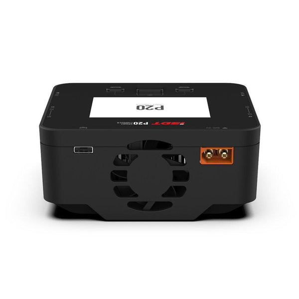 Black electronic device with a screen displaying 'P20' on a white background