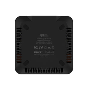 Black electronic device with text and branding on a white background