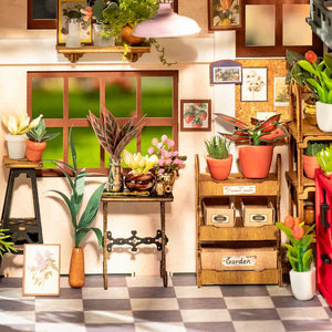 Indoor garden with potted plants, wooden shelves, and a checkered floor.