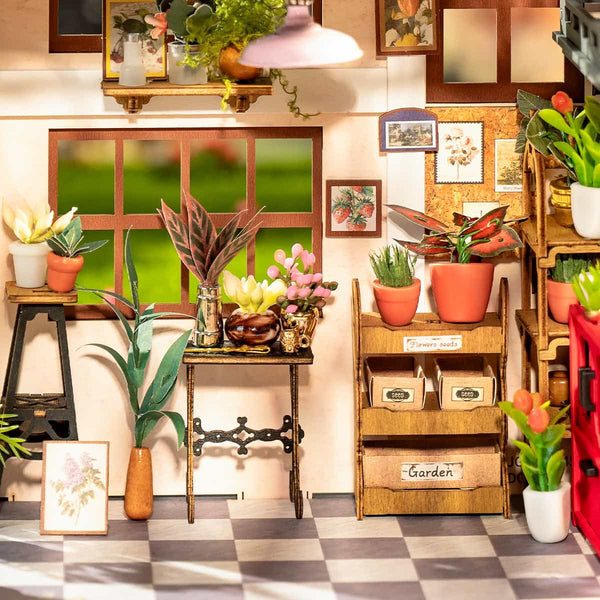 Indoor garden with potted plants, wooden shelves, and a checkered floor.
