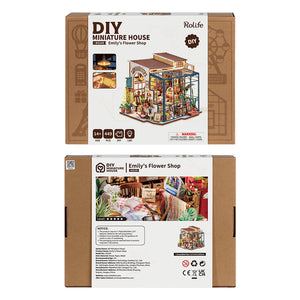 Rolife DIY miniature house packaging with 'Emily's Flower Shop' on a white background