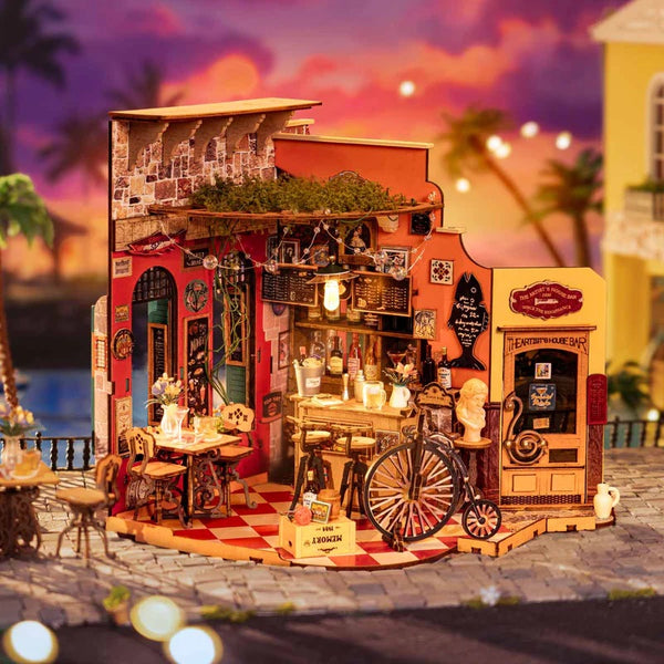Miniature model of a vintage bar with a sunset background