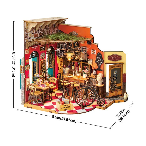 Detailed model of a bar with furniture and decor, including dimensions on a white background.