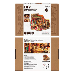 Rolife DIY miniature house kit packaging with images of the assembled house.
