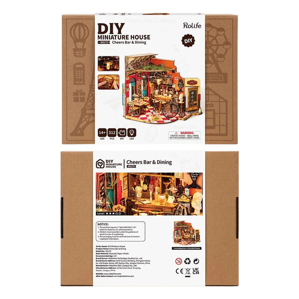 Rolife DIY miniature house kit packaging with images of the assembled house.