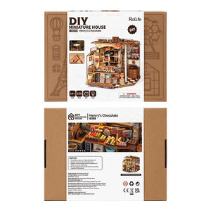 Rolife DIY miniature house packaging with front and back views on a white background