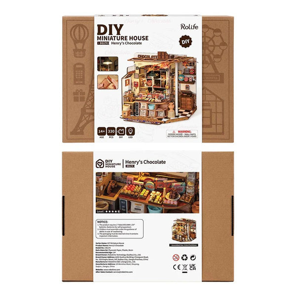 Rolife DIY miniature house packaging with front and back views on a white background