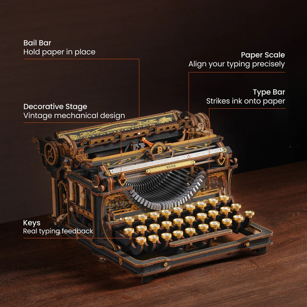Robotime Mechanical Typewriter Wooden 3D Puzzle, Classic Version — DIY Mechanical 3D Puzzle