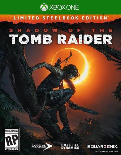 Game cover for 'Shadow of the Tomb Raider' Limited Steelbook Edition on Xbox One, featuring an actress in a jungle setting with a sunset.
