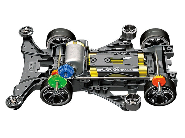 Model of a car chassis with wheels and suspension on a white background