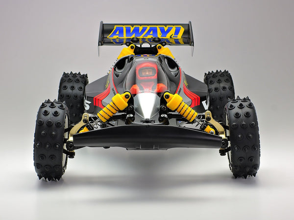 Tamiya Vanquish off-road vehicle with 'AWAY!' banner on a gray background