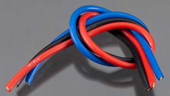 Red, black, and blue wires on a gray background