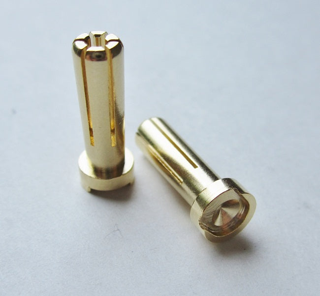 Two gold cylindrical metal bullet connectors on a light gray background