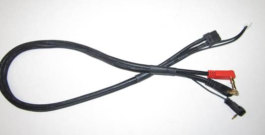 Black cable with red and black connectors on a white background