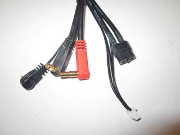 Black cable with red and black connectors on a white background