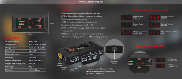 Echo Six Hobbies Ultra Power Technology Ultra Power - UPS6 25W 1S x 6 Compact DC Charger — Batteries & Chargers