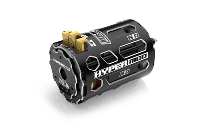Black and gold HyperMod 3D motor on a white background