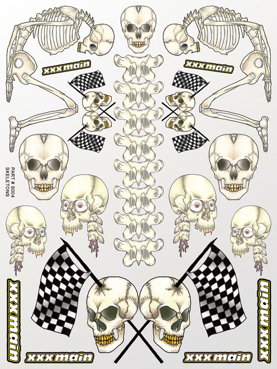 Decorative sheet with skull and crossbones designs, checkered flags, and 'xxx main' branding.