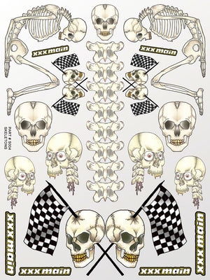 Decorative sheet with skull and crossbones designs, checkered flags, and 'xxx main' branding.