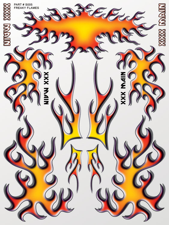 Flame design decal with orange, red, and black flames on a white background