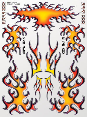 Flame design decal with orange, red, and black flames on a white background