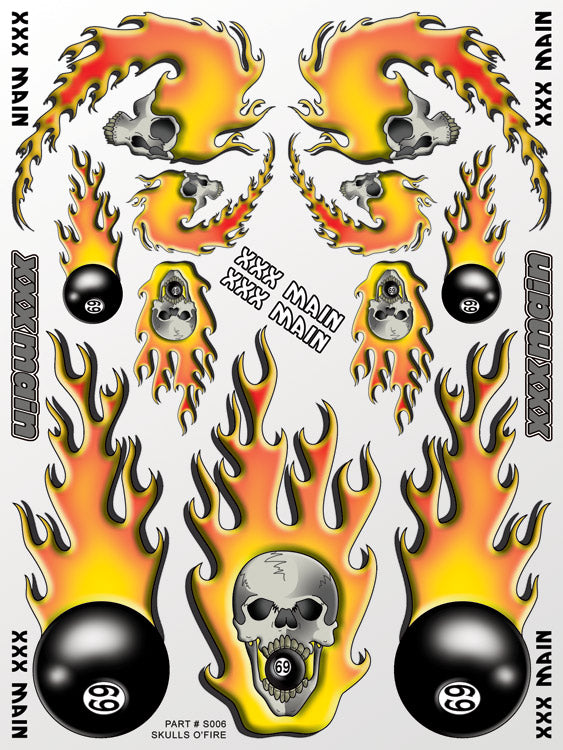 Decorative design with skulls, flames, and balls on a white background