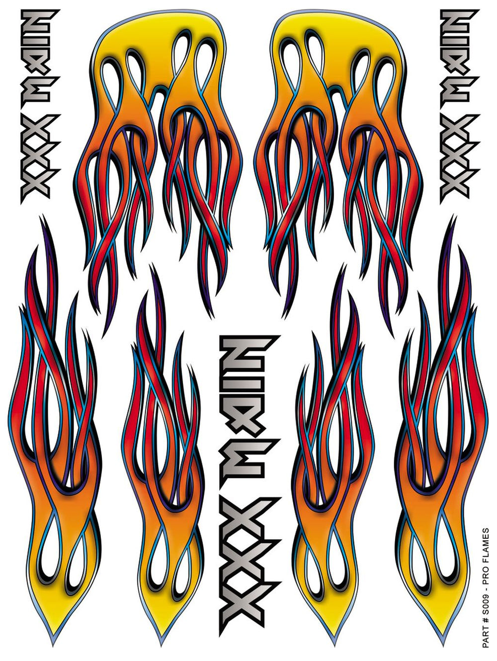 Colorful flame decals with 'XXX Main' branding on a white background
