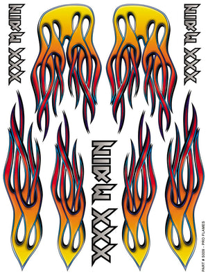 Colorful flame decals with 'XXX Main' branding on a white background