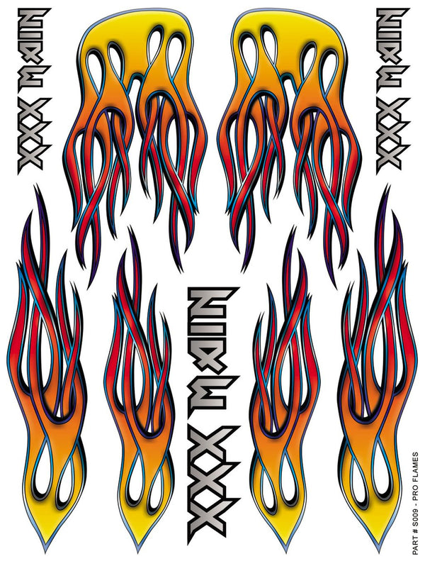 Colorful flame decals with 'XXX Main' branding on a white background