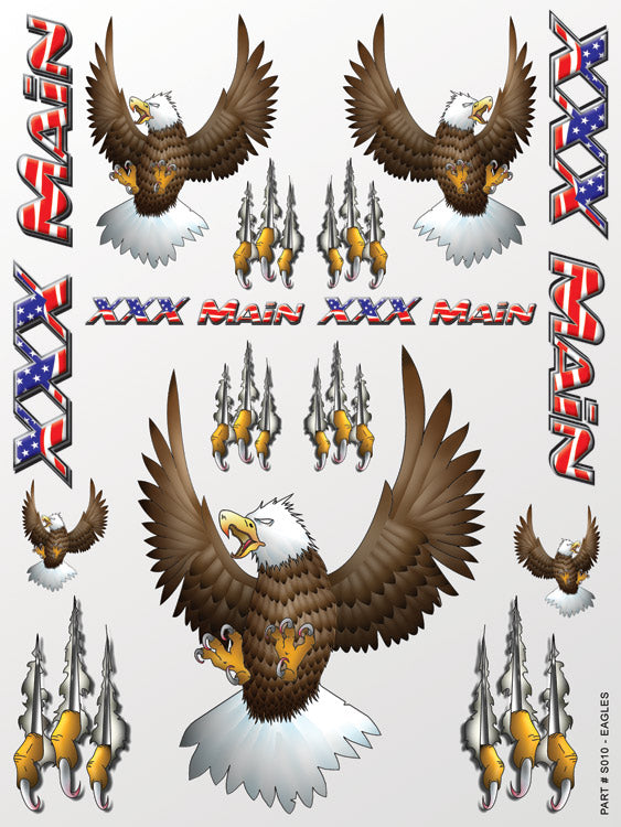 Collection of eagle and American flag-themed decals on a white background
